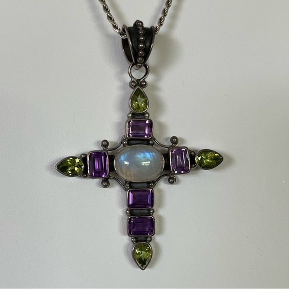 $85 13.59 ctw MOONSTONE AMETHYST PERIDOT Cross Pendant STERLING SILVER 925 - Picture 11 of 11